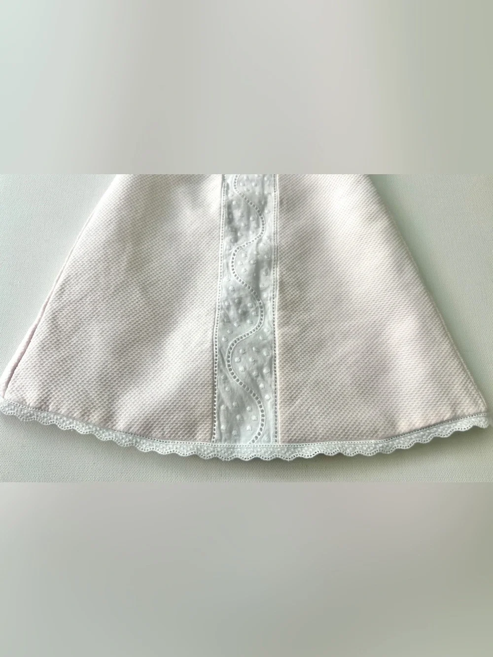 Dulces girl’s pique dress is classic Spanish-style heirloom garment.  Size 0-3M.